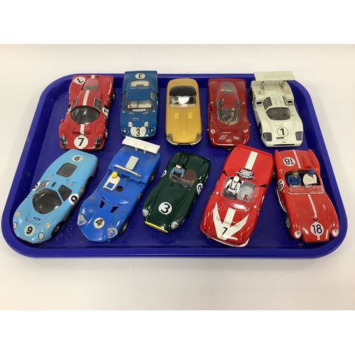 802 - Ten 1:32 scale slot cars. Mostly with a Le Mans, GT racing car theme. Modified and adapted cars note... 