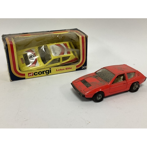 881 - Original Corgi No.301 Lotus Elite Yellow, boxed, plus a loose red version. Would benefit from a clea... 