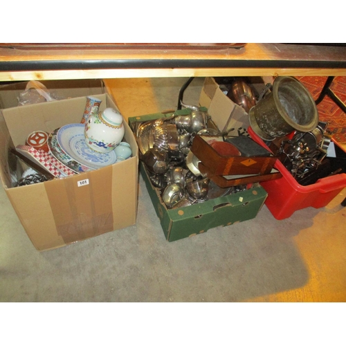 101 - Five Boxes of Silver Plate, Copper, Brass, Ceramics, Collectables etc