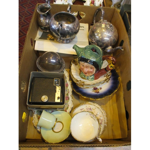 73 - Box with Beswick Teapot, Whitefriars Whisky Tumblers, Silver Plated Tea Set etc