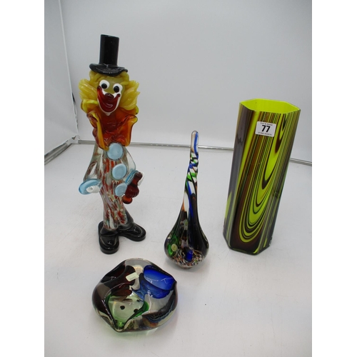 77 - Coloured Glass Clown, Vase, Dish and Obelisk