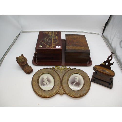 25 - Victorian Double Photograph Frame, 2 Work Boxes, 2 Cup Stands and Cast Inkwell