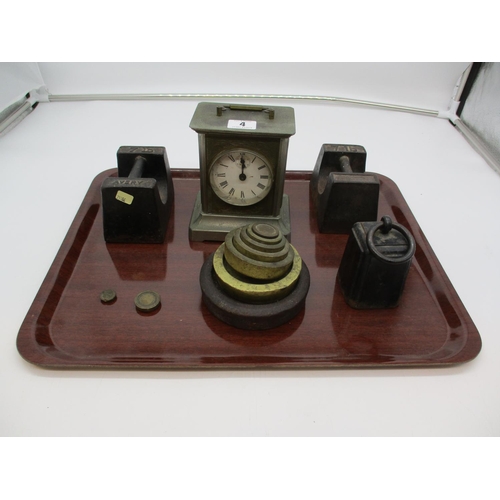 4 - Victorian Metal Case Clock and Various Weights