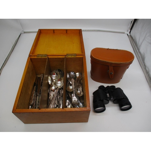 52 - Box of Cutlery and Regent Binoculars