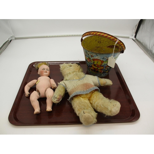 8 - Victorian Bisque Head Doll, Teddy Bear and 2 Buckets