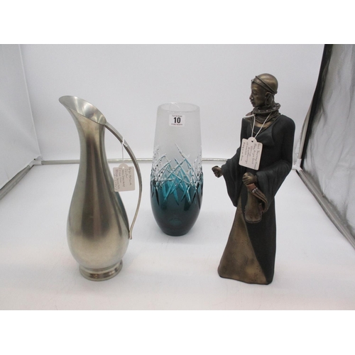 10 - Massai Figure, Pewter Pitcher and a Bohemian Lead Crystal Vase