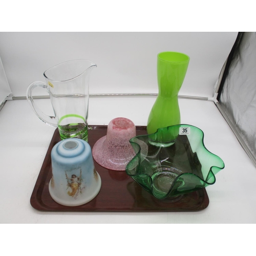 35 - Glass Shade, Lemonade Jug, 2 Glass Vases and Dish