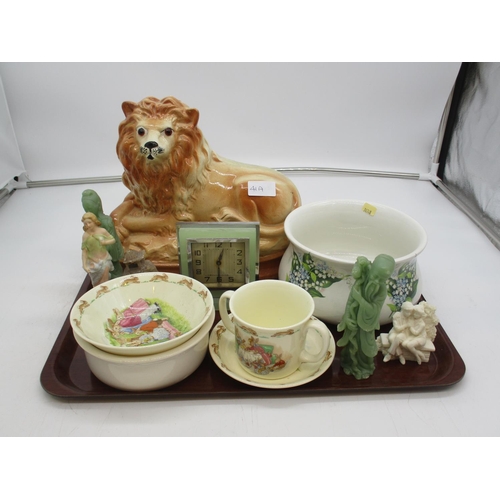 41A - Pottery Lion, Two Jade Figures, Onyx Clock, Bunnykins Dish, Bowl, Cup etc