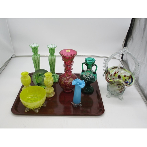 48 - Ruby Glass Vase, Pair of Glass Candlesticks, Green Glass Vase etc