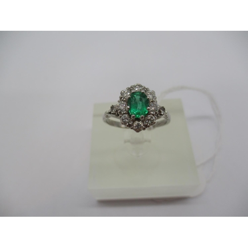 18ct White Gold and Platinum Emerald and Diamond Cluster Ring, Size O, 3.7g