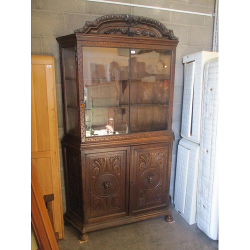 69 - Victorian Gothic Carved Oak Display Cabinet, 140cm