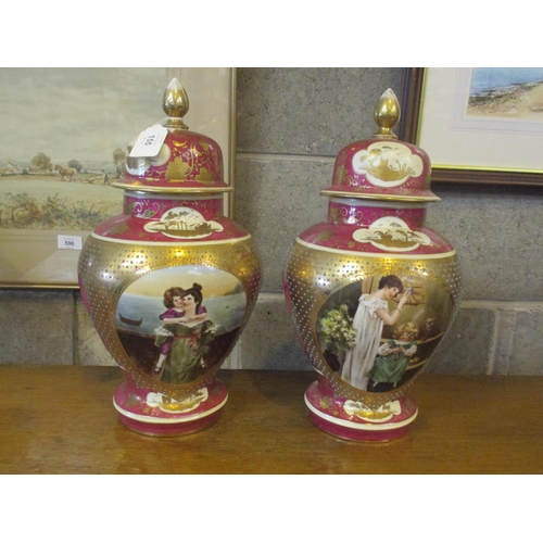 155 - Pair of Vienna Porcelain Lidded Vases Hand Painted with Scenes Titled Lovebirds and With All My Hear... 