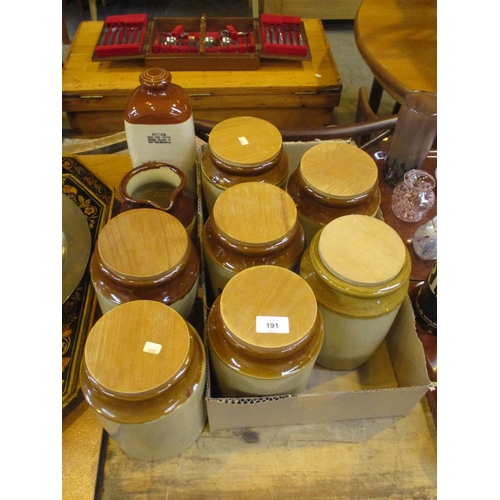 191 - Seven Stoneware Store Jars, Pottery Jug and Hot Water Bottle