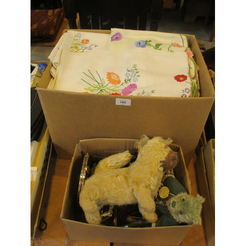 195 - Two Boxes of Linen, Toys, Evening Bags etc