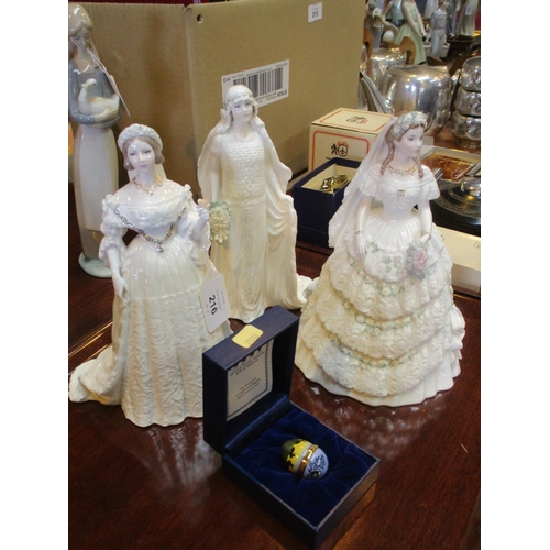 216 - Three Coalport Figures, Queen Victoria, Queen Elizabeth and Princess Alexandria and a Halcyon Days E... 