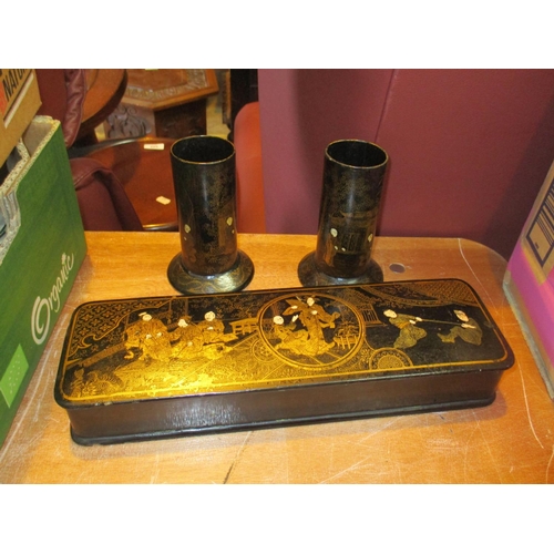 226 - Papier Mache Lacquer Glove Box and 2 Spill Vases