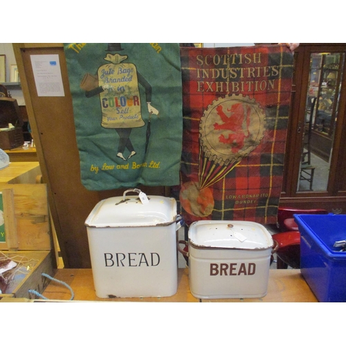 42 - Two Enamel Bread Bins and 2 Advertising Sacks