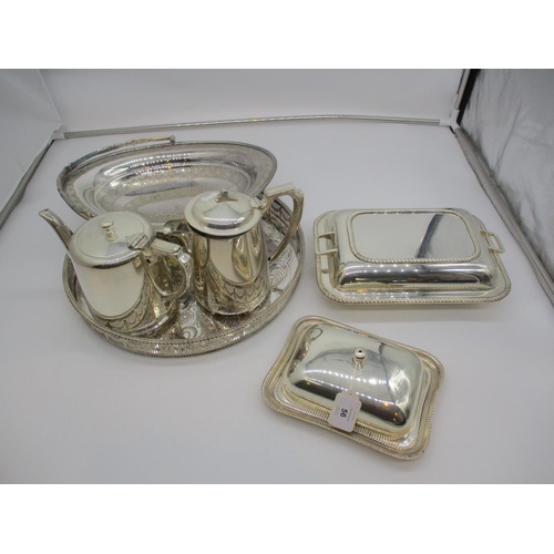 56 - Victorian Silver Plated Basket, Gallery Tray, Entrée Dish, Butter Dish, Tea Pot and Water Jug