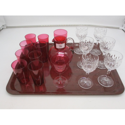 76 - Victorian Ruby Glass Water Jug, 2 Glasses and 8 Tumblers, along with 6 Crystal Glasses