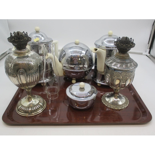 77 - Two Victorian Walker & Hall Silver Plated Oil Lamps and an Insulated Tea Service