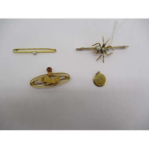 381 - 9ct Gold Pearl Set Spider Brooch, 9ct Gold Pendant and Bar Brooch and a Thistle Brooch