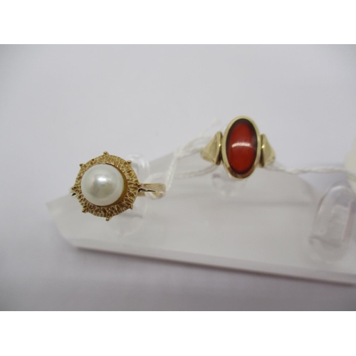 505 - 9ct Gold and Pearl Ring and 9ct Gold Red Set Ring, 5.1g, Size O and G