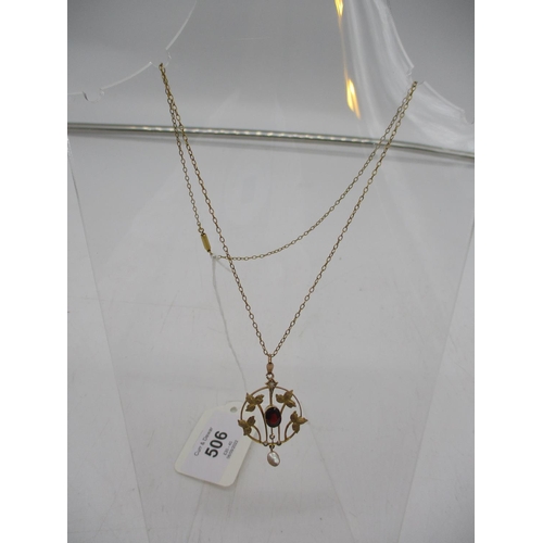 506 - 9ct Gold Garnet and Pearl Pendant with a Chain, 2.8g total