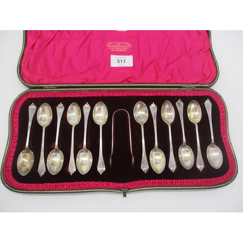 511 - Cased Set of 12 Silver Tea Spoons and Tongs, London 1906