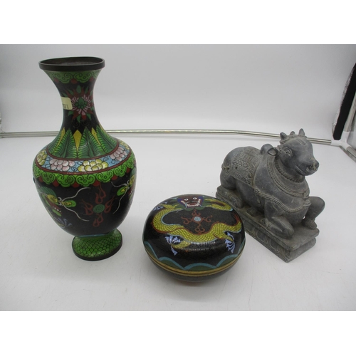 513 - Cloisonné Enamel Dragon Decorated Vase and Box and an Eastern Carved Stone Cow