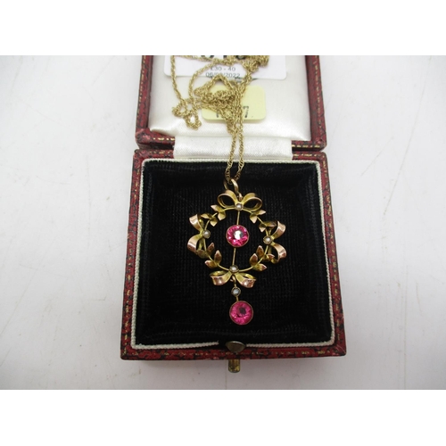 516 - Seed Pearl and Pink Stone Pendant with 9ct Gold Chain, 4.4g total