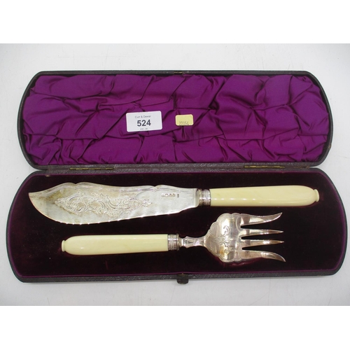 524 - Victorian Silver and Ivorine Fish Servers, Cased, Sheffield 1878