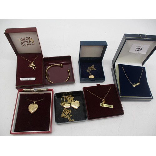 529 - 9ct Gold Bangle, 7 Necklaces and Pendants, 158g total