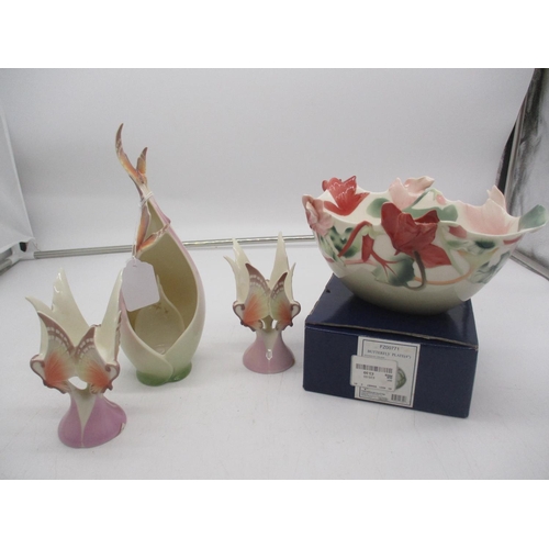 548 - Franz Porcelain Floral Bowl, a Boxed Dish and 3 Butterfly Candle Holders