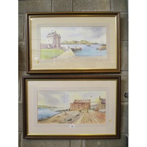 594 - Bill Doctor, Pair of Watercolours of Broughty Ferry, 23x48cm