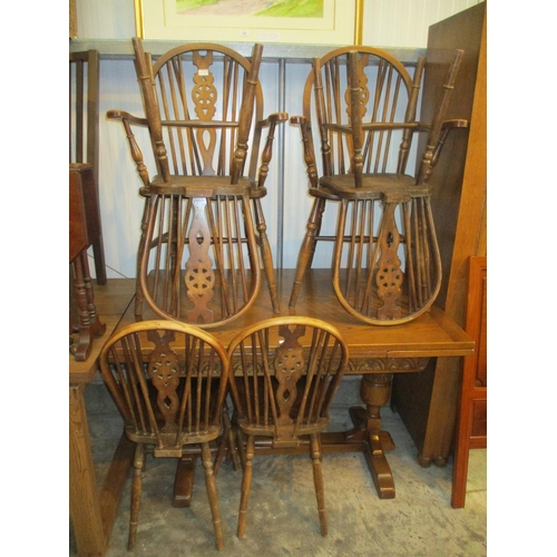 610 - Oak Refectory Dining Table with 6 Wheel Back Chairs