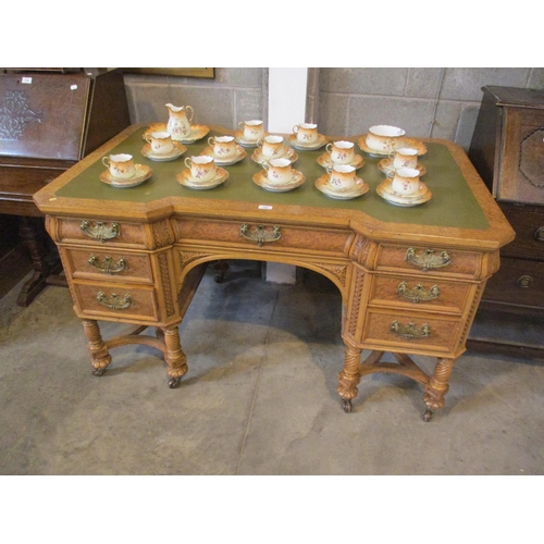 780 - Victorian Burr Walnut and Inset Top Double Pedestal Partners Desk, 127x83cm