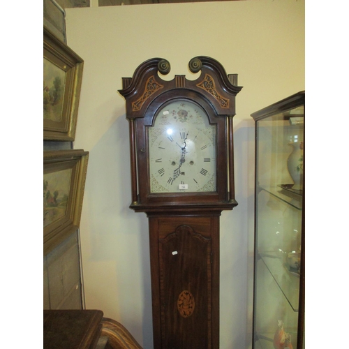 785 - 19th Century Inlaid Mahogany 8 Day Longcase Clock having a Painted Arch Top Dial