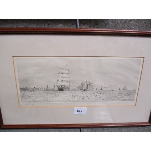 582 - W. L Wyllie, 2 Etchings of War Ships and Sailing Ships