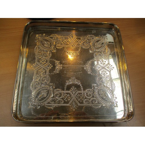 380 - Cased Silver Gallery Tray, Presentation Engraved, Sheffield 1885, approx 29oz