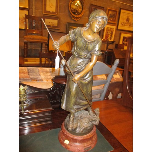 173 - Victorian Spelter Figure Faneuse after Moreau, and a Brass Candelabra