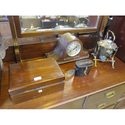 129 - Mantel Clock, Copper Spirit Kettle Binoculars and Writing Box