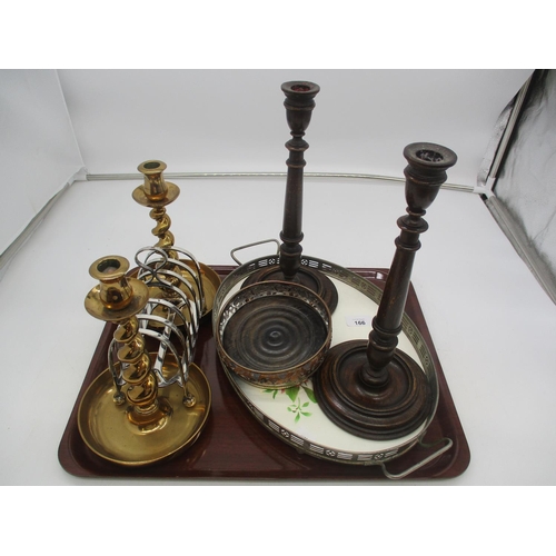 166 - Arts and Crafts Pottery and Metal Tray, Coaster, Toast Rack and 2 Pairs of Candlesticks