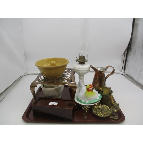 170 - Oil Lamp, Trivet, Hen on Nest, Dominos etc