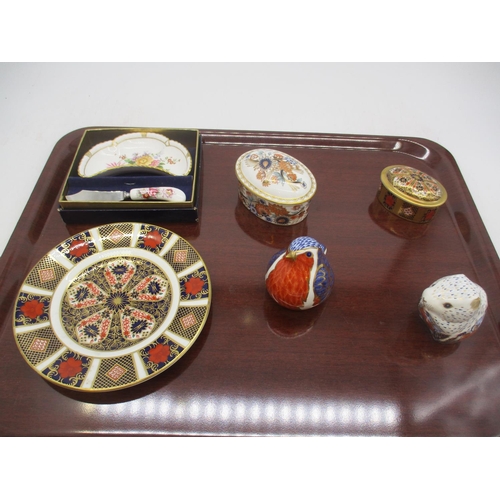 181 - Two Royal Crown Derby Animal Paperweights, Small Dish, 2 Trinket Boxes and Butter Dish