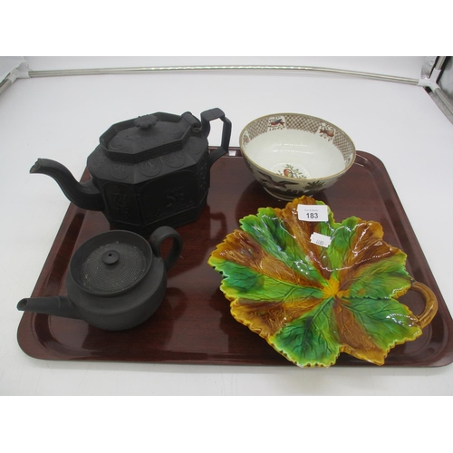 183 - Two 19th Century Black Basalt Porcelain Tea Pots, Leaf Dish and Bowl