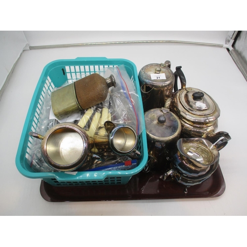 21 - Silver Plated Tea Services, Flask and Cutlery