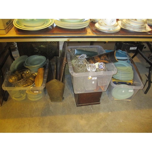 28 - News Rack, Stick Stand, Hamper, Plaque, Tray and Boxes of Ceramics, Metalwares and Glass