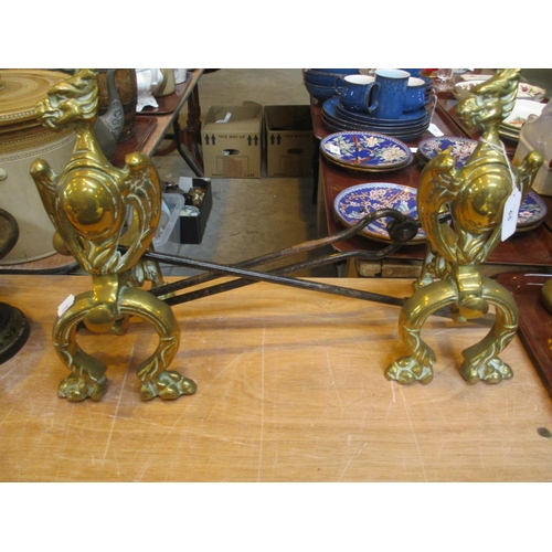 65 - Pair of Brass Fire Dogs and 2 Fire Irons