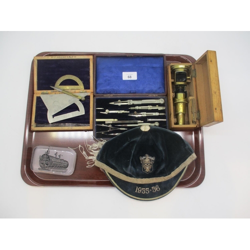 68 - 1955/56 Cap, Maths Sets, Microscope and Paperweight