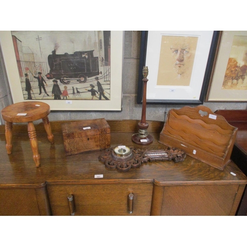 96 - Victorian Tunbridge Inlaid Tea Caddy, Barometer, Lamp, Stool and Letter Rack